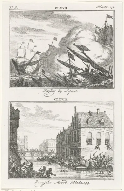 Slag bij Lepanto, 1571, en moordpartij tijdens de Bartholomeüsnacht te Parijs, 1572