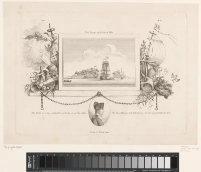 Slag om Porto Ferrajo in een kader tussen een allegorie op de zeevaart, midden onder het portret van Napoleon Bonaparte