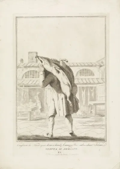 Slager met varken op de rug