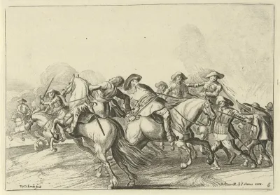 Slagveldscène met neergestoken ruiter