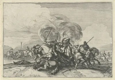 Slagveldscène met ruiters