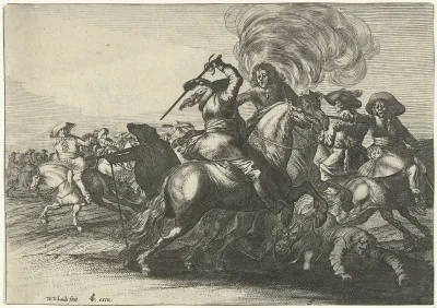 Slagveldscène met vechtende ruiters