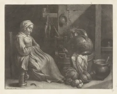 Slapende dienstmeid in een keuken