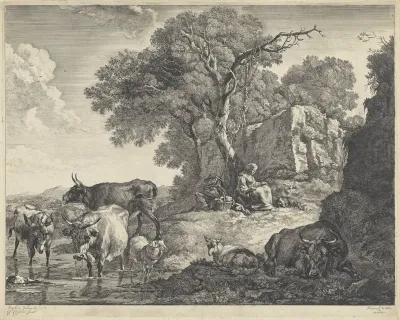 Slapende herder en herderin bij een boom