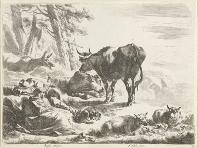 Slapende herder en herderin temidden van hun kudde