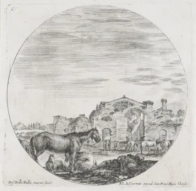 Slapende herder en paarden in landschap met de Thermen van Diocletianus