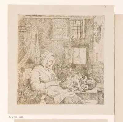 Slapende kantwerkster in een interieur met kat op tafel