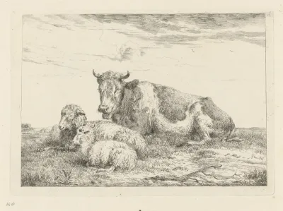 Slapende koe met schaap en lammetje