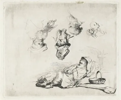 Slapende man en vier studies van hoofden