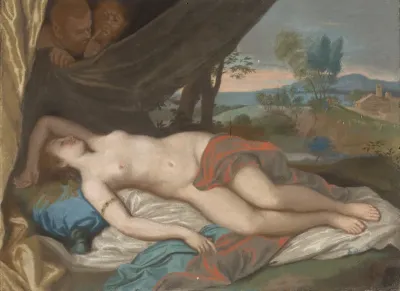 Slapende nimf bespied door saters, naar een schilderij gebaseerd op een prent naar Anthony van Dyck