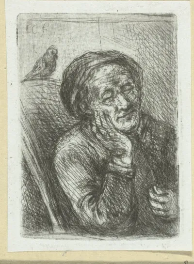 Slapende oude man met vogel