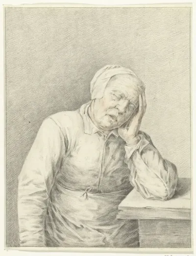 Slapende oude vrouw, met het hoofd in de hand