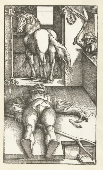 Slapende stalknecht met heks en paard
