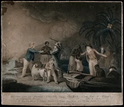 Slave traders on an African coast enslave some of its inhabitants: a man is taken by two slave traders to their boat, while his wife and child is taken by a different slave trader to another boat