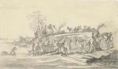 Sleden bij de oever van een bevroren rivier