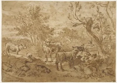 Sleeping Shepherd with Four Sheep