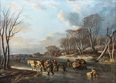 Sleigh travelers on a river in Holland