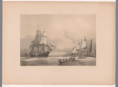 Sloepen varen van het ene zeilschip naar het andere