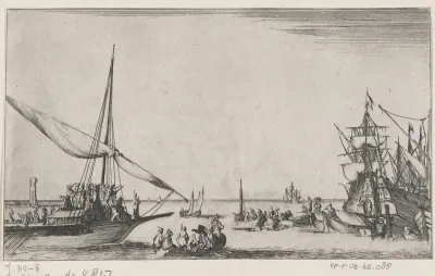Sloepen varend tussen een galeischip links en zeilschip rechts