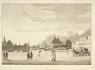 Slotspladsen i København med Holmens kirke, Børsen, den nu forsvundne bank og kancellibygning ("Den røde bygning")