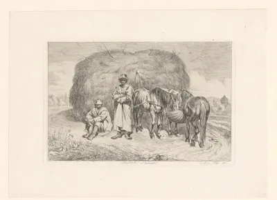Slowaakse boeren en drie paarden bij de hooiwagen