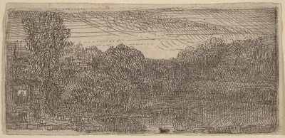 Small Gray Landscape: a House and Trees beside a Pool