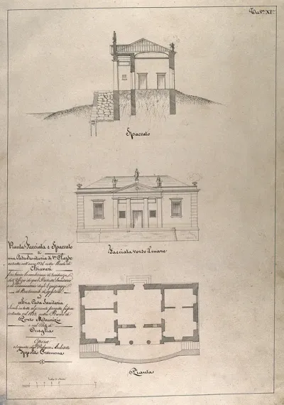 Small hospital at the harbour at Chiavari, Italy: section, facade and plan
