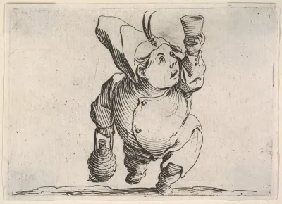 Small male figure in feathered cap with upraised hand holding a cup and other hand grasping a handled vessel, in frontal view, from "Varie Figure Gobbi"