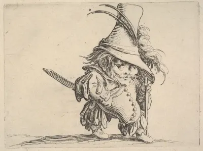 Small male figure in feathered hat with walking stick in left hand, from "Varie Figure Gobbi"