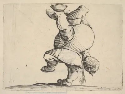 Small male figure in profile view whose face is hidden by his upraised arm holding a cup, with lowered hand grasping a vessel, from "Varie Figure Gobbi"