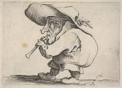 Small male figure playing a wind instrument, in profile view, from "Varie Figure Gobbi"