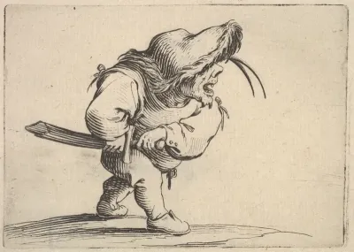 Small male figure stopping to draw his sword, in profile view with open mouth and left foot positioned forward, from "Varie Figure Gobbi"