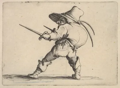 Small male figure wearing a hat, with daggers in both hands, and placing his weight on his right foot as he stretches his left foot forward, from "Varie Figure Gobbi"