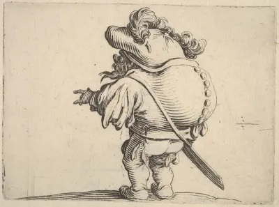 Small male figure with outstreched left hand, seen from the back, which bulges, from "Varie Figure Gobbi"