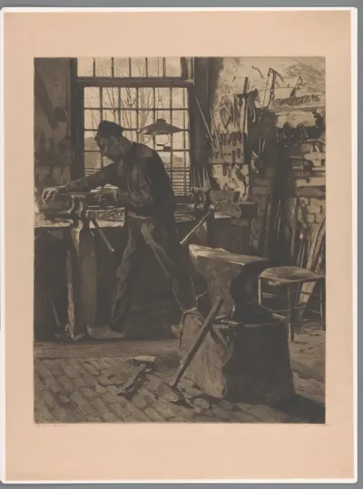Smid aan het werk bij een bankschroef bij het raam