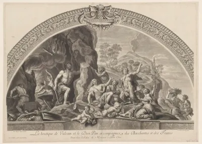 Smidse van Vulcanus en Pan met volgelingen