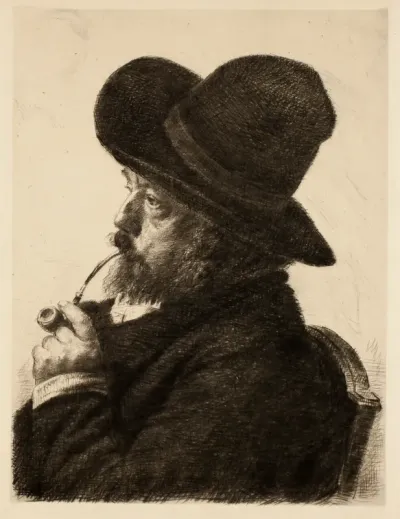 Smoking in Large Hat (Self Portrait)