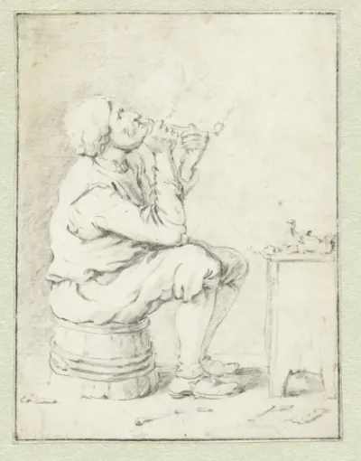 Smoking Peasant, Seated, Facing Right, on an Upturned Half Barrel