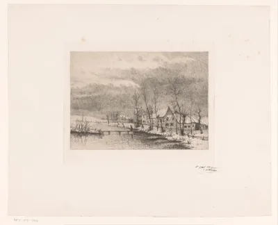 Sneeuwgezicht met dorpshuizen aan een plas