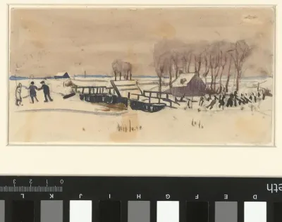 Sneeuwlandschap met boerderijen en schaatsers