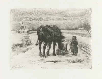 Sneeuwlandschap met kind en paard