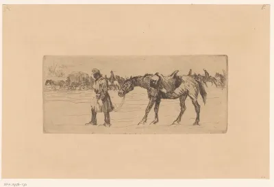 Sneeuwlandschap met stoet van soldaten en paarden