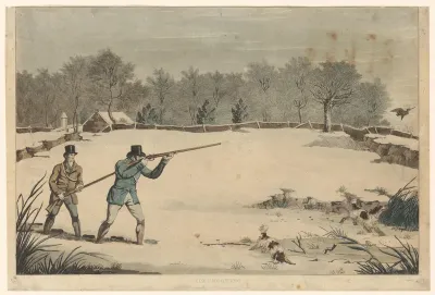 Sneeuwlandschap met twee jagers schietend op een watersnip