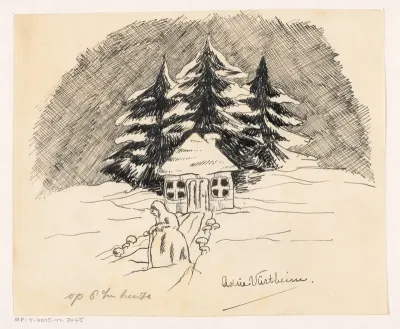 Sneeuwvrouw voor een hut in een winterlandschap