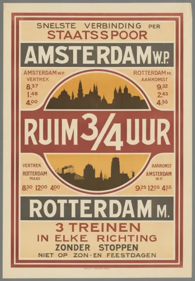 Snelste verbinding per staatsspoor Amsterdam W.P. Rotterdam M. Ruim 3/4 uur. 3 Treinen in elke richting zonder stoppen. Niet op zon- en feestdagen