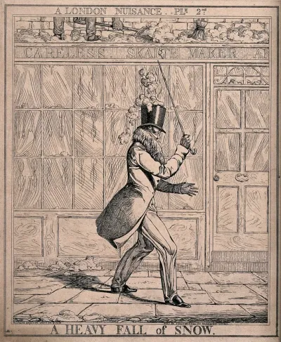 Snow falls on to the head of a passer-by as it is shovelled off a roof, causing his hat to cover his eyes