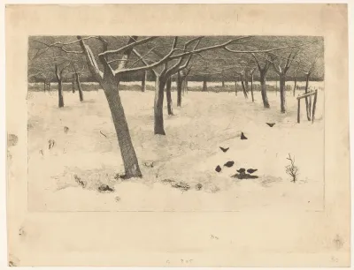 Snowy Orchard with Birds