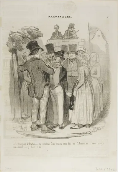 “- So, Gringalet from Paris!.... you will dance twice with my Catherine ...... try again now to make sheep's eyes at her,” plate 27 from Pastorales