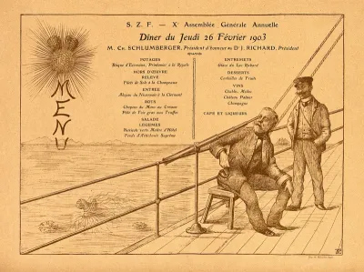 Société Zoologique de France: the zoologist Charles Schlumberger looking at sea-creatures through a stethoscope, with Jules Richard as a sailor looking on, illustrating the menu of the society's dinner
