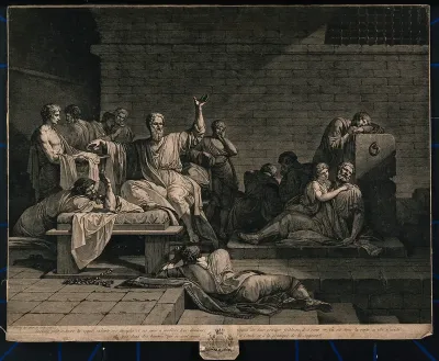 Socrates, preparing to kill himself, urges his grieving friends and students to moderate their grief